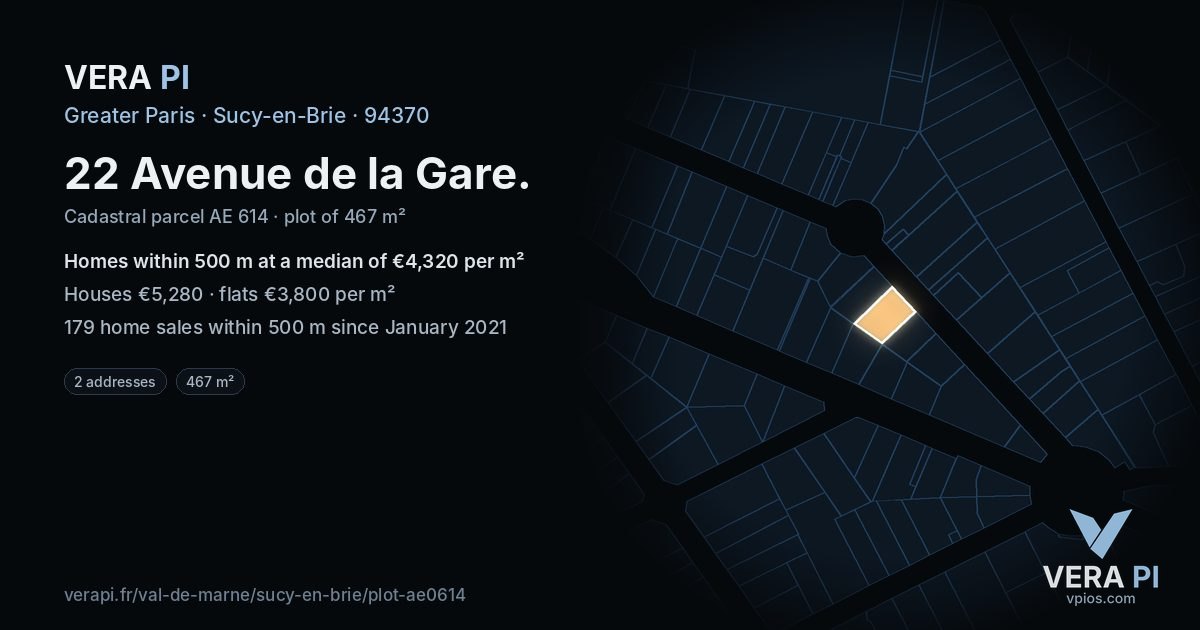 22 Avenue de la Gare, Sucy-en-Brie at night – the plot lit, the parcels around coloured by the prices near them