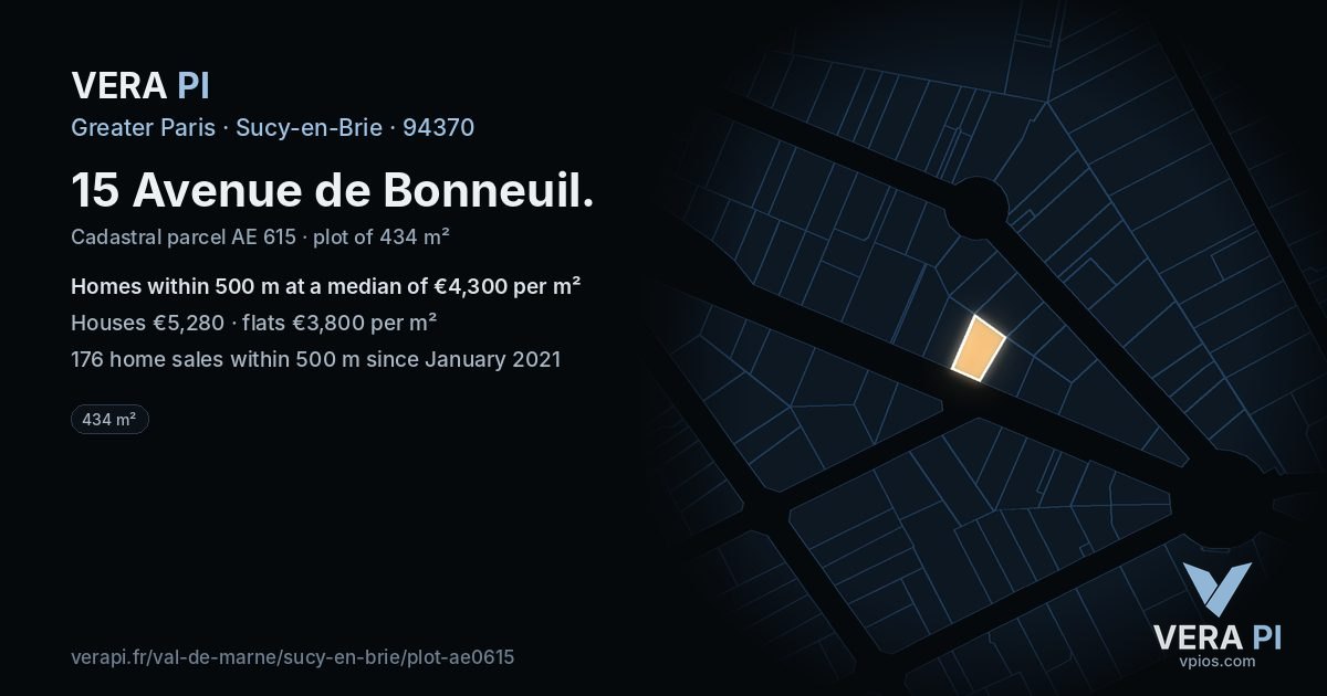 15 Avenue de Bonneuil, Sucy-en-Brie at night – the plot lit, the parcels around coloured by the prices near them