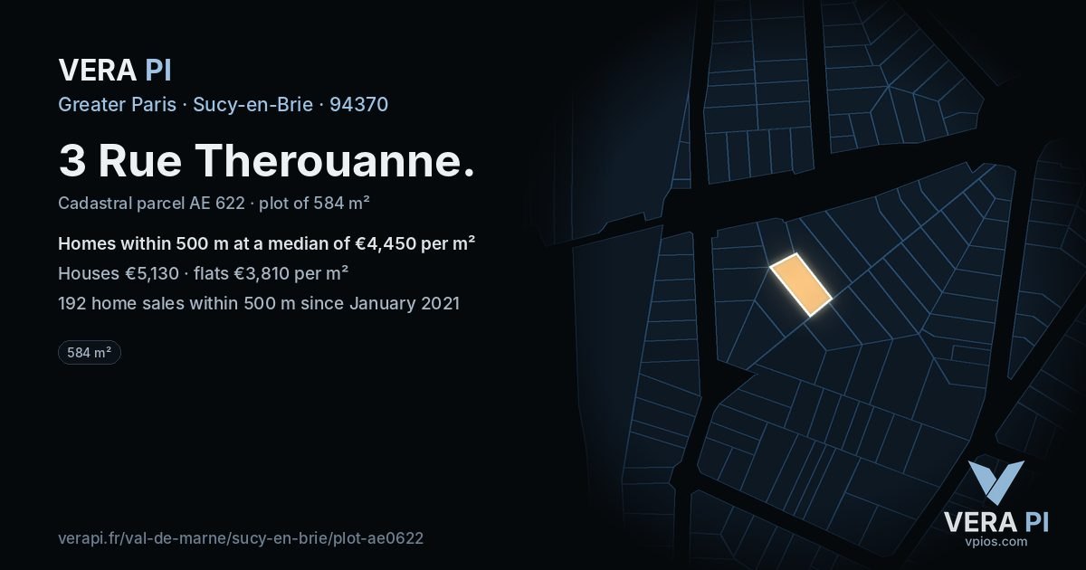 3 Rue Therouanne, Sucy-en-Brie at night – the plot lit, the parcels around coloured by the prices near them