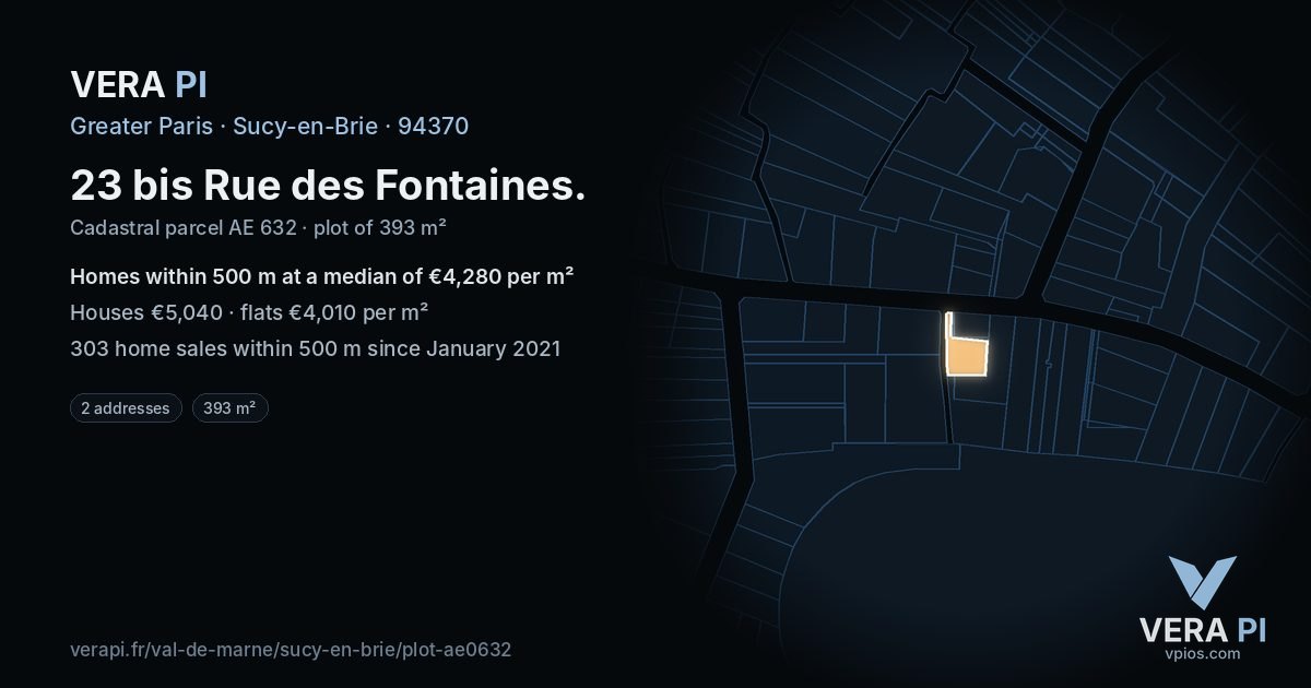 23 bis Rue des Fontaines, Sucy-en-Brie at night – the plot lit, the parcels around coloured by the prices near them