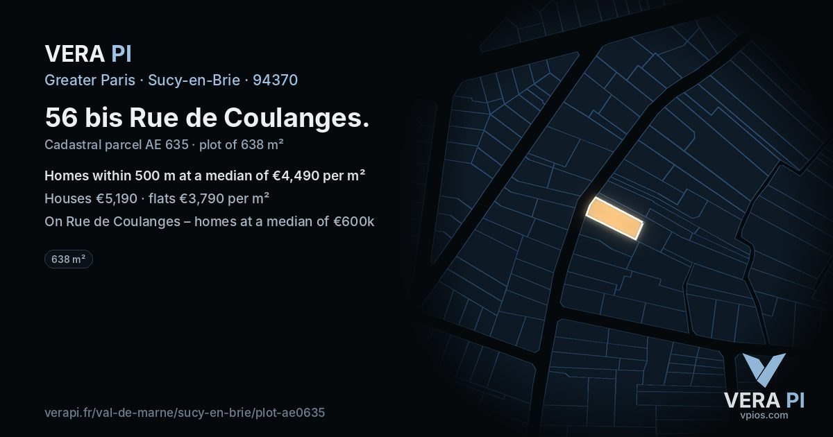 56 bis Rue de Coulanges, Sucy-en-Brie at night – the plot lit, the parcels around coloured by the prices near them