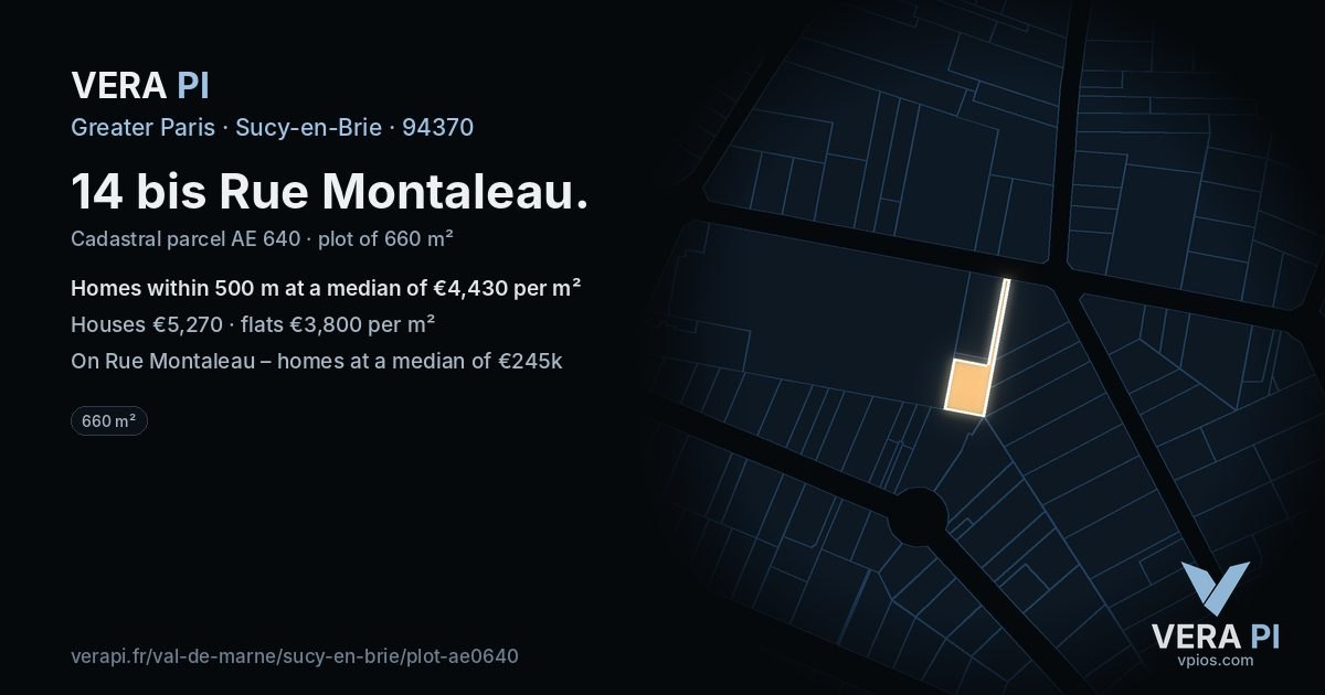 14 bis Rue Montaleau, Sucy-en-Brie at night – the plot lit, the parcels around coloured by the prices near them