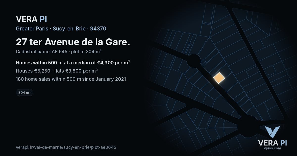 27 ter Avenue de la Gare, Sucy-en-Brie at night – the plot lit, the parcels around coloured by the prices near them