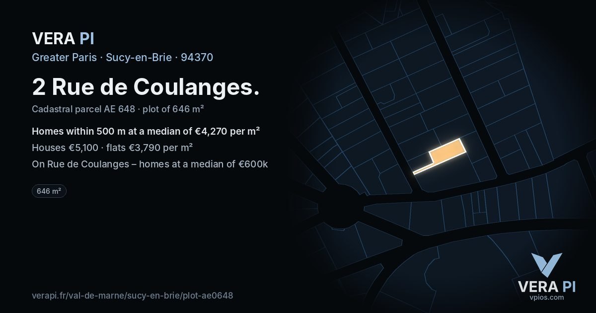 2 Rue de Coulanges, Sucy-en-Brie at night – the plot lit, the parcels around coloured by the prices near them