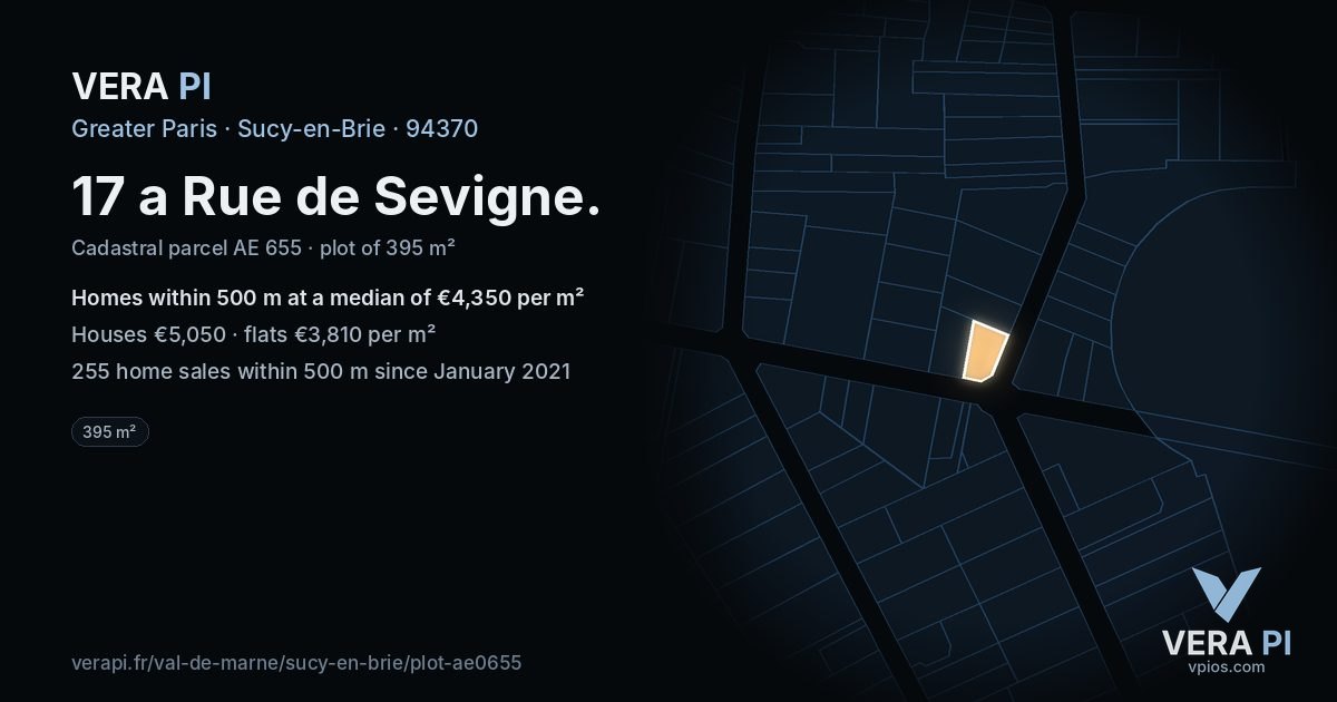 17 a Rue de Sevigne, Sucy-en-Brie at night – the plot lit, the parcels around coloured by the prices near them