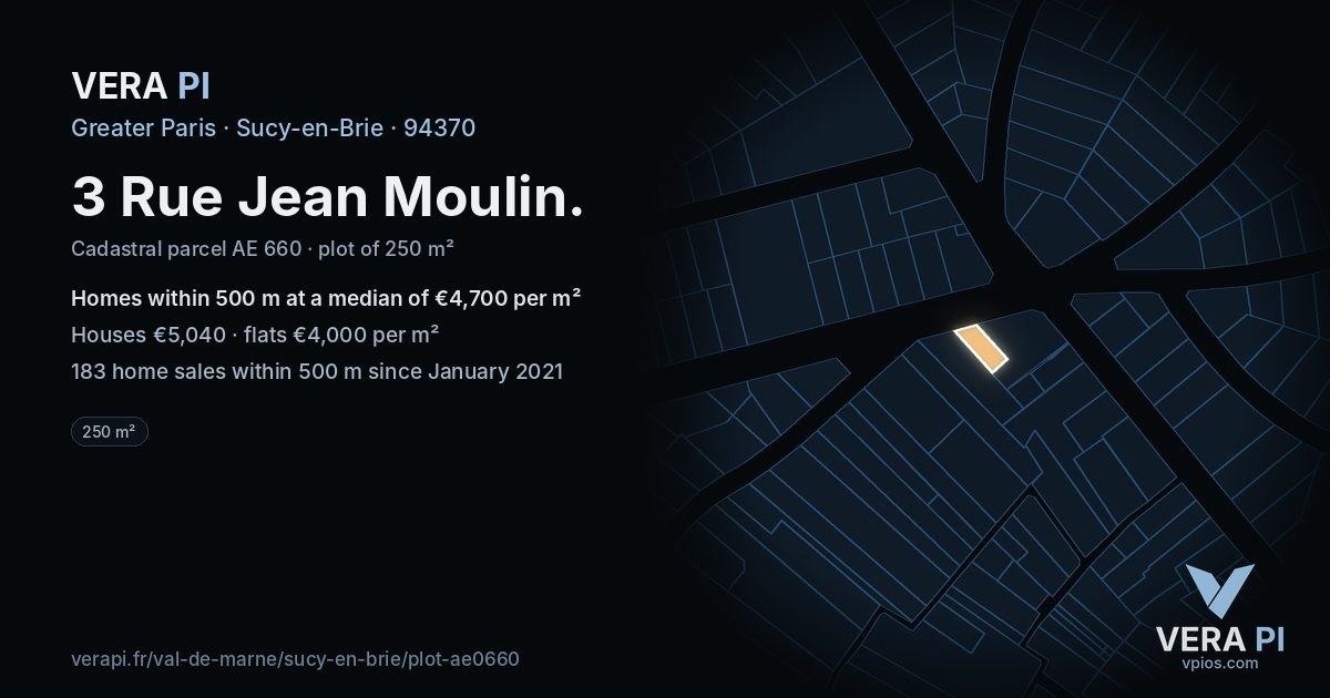 3 Rue Jean Moulin, Sucy-en-Brie at night – the plot lit, the parcels around coloured by the prices near them