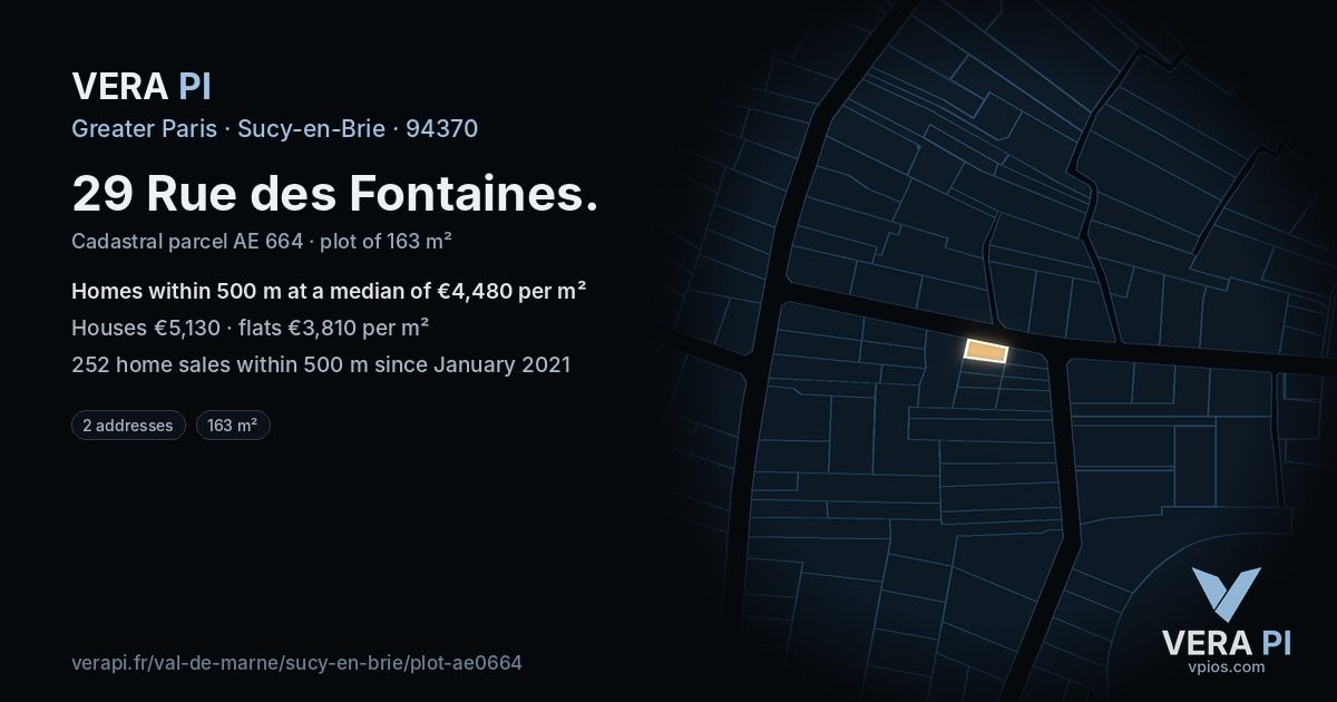 29 Rue des Fontaines, Sucy-en-Brie at night – the plot lit, the parcels around coloured by the prices near them