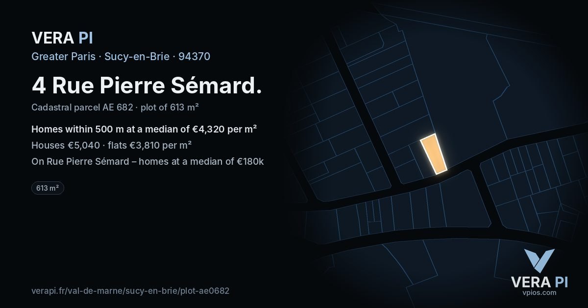 4 Rue Pierre Sémard, Sucy-en-Brie at night – the plot lit, the parcels around coloured by the prices near them