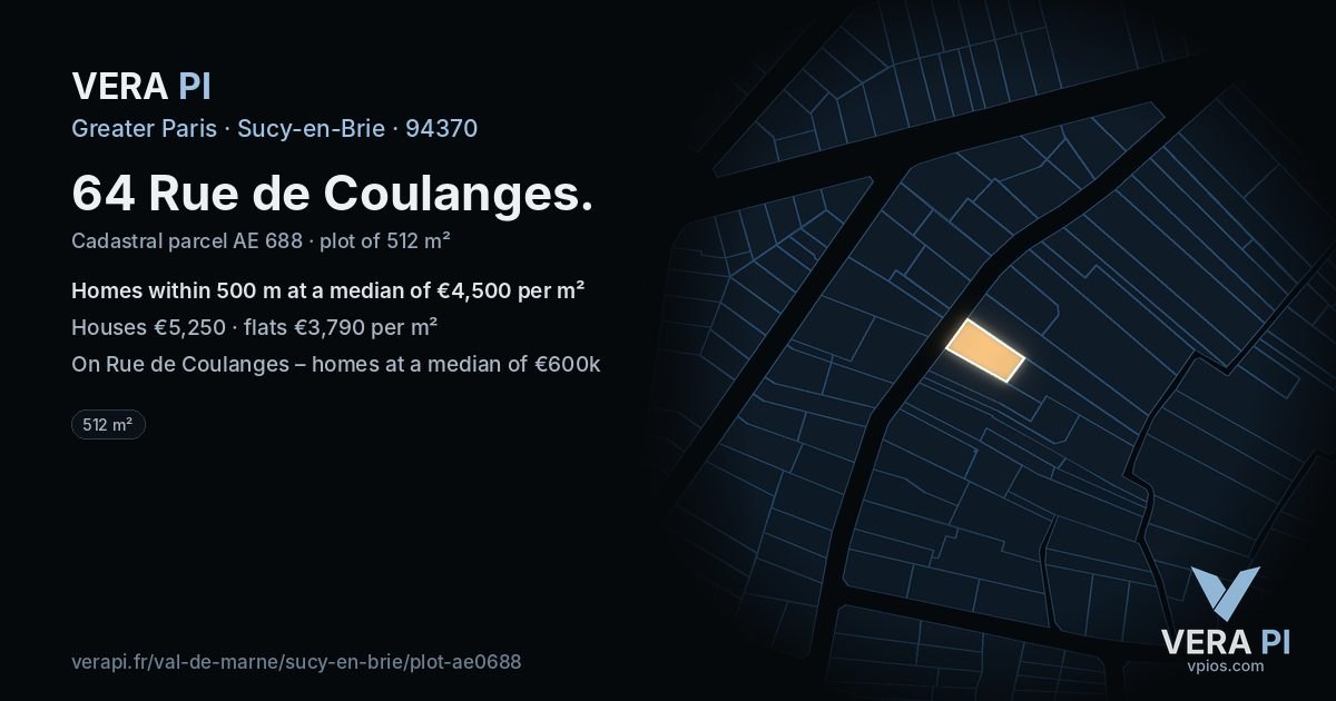 64 Rue de Coulanges, Sucy-en-Brie at night – the plot lit, the parcels around coloured by the prices near them