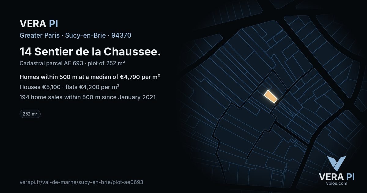 14 Sentier de la Chaussee, Sucy-en-Brie at night – the plot lit, the parcels around coloured by the prices near them