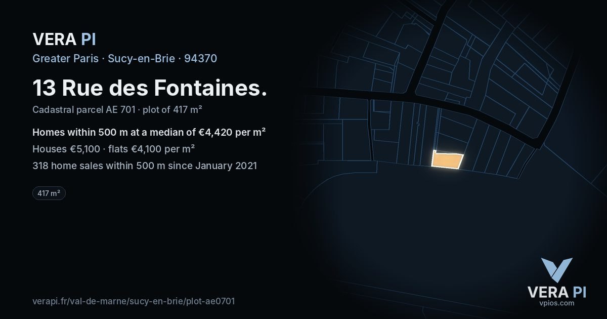 13 Rue des Fontaines, Sucy-en-Brie at night – the plot lit, the parcels around coloured by the prices near them