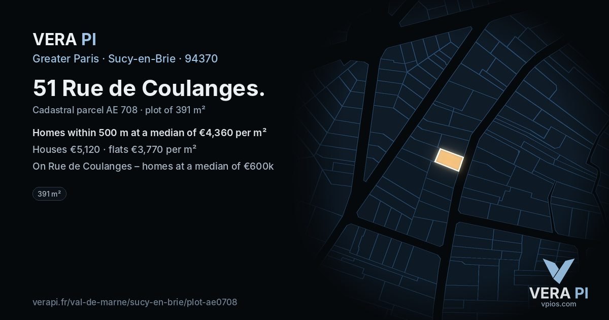 51 Rue de Coulanges, Sucy-en-Brie at night – the plot lit, the parcels around coloured by the prices near them