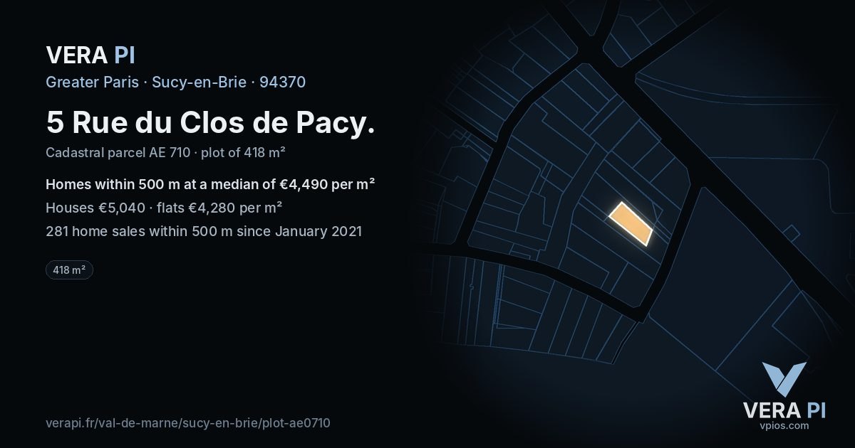 5 Rue du Clos de Pacy, Sucy-en-Brie at night – the plot lit, the parcels around coloured by the prices near them