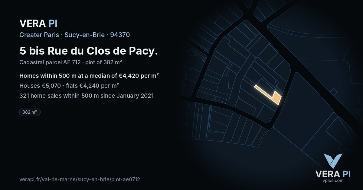 5 bis Rue du Clos de Pacy, Sucy-en-Brie at night – the plot lit, the parcels around coloured by the prices near them