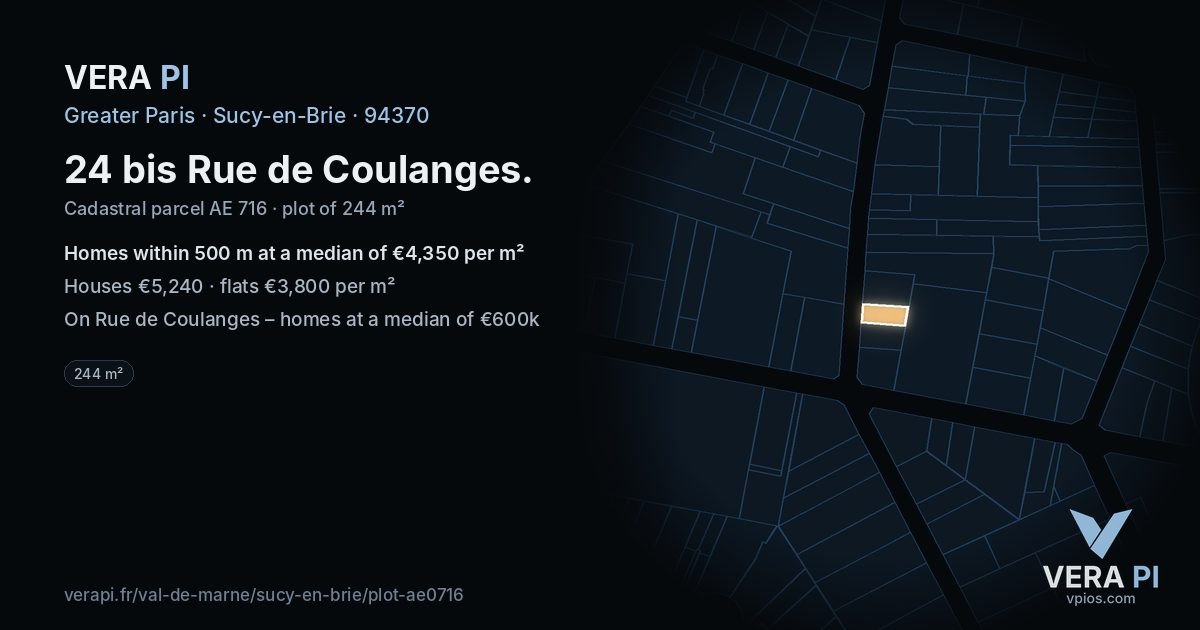 24 bis Rue de Coulanges, Sucy-en-Brie at night – the plot lit, the parcels around coloured by the prices near them