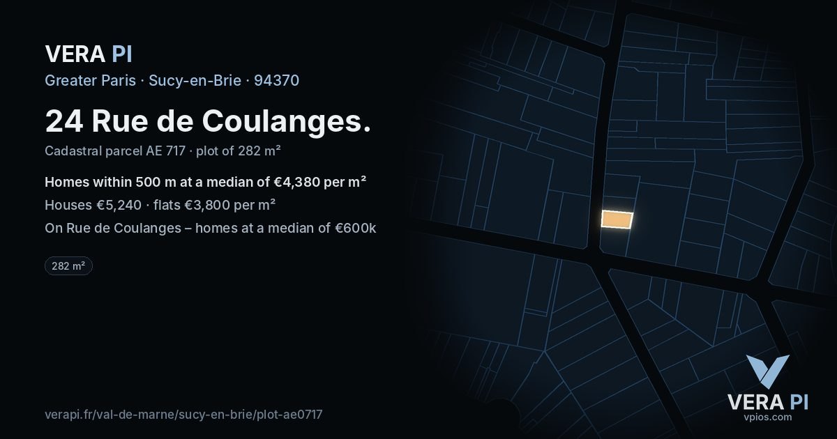 24 Rue de Coulanges, Sucy-en-Brie at night – the plot lit, the parcels around coloured by the prices near them