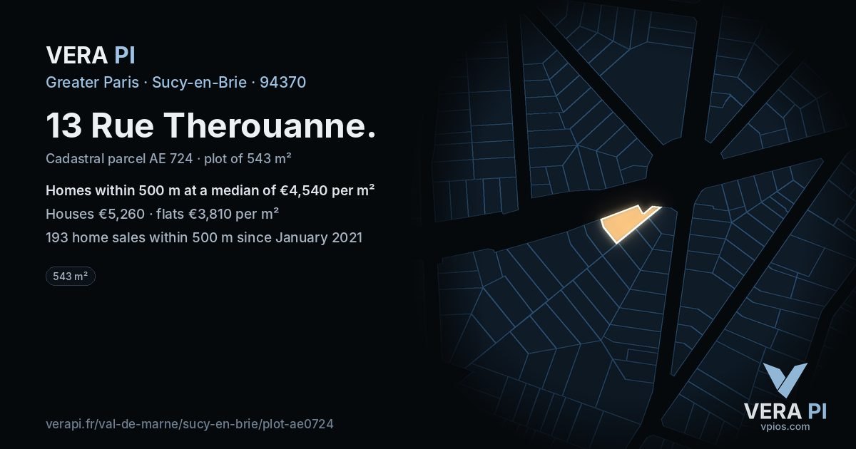 13 Rue Therouanne, Sucy-en-Brie at night – the plot lit, the parcels around coloured by the prices near them