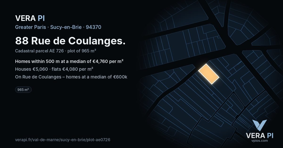 88 Rue de Coulanges, Sucy-en-Brie at night – the plot lit, the parcels around coloured by the prices near them