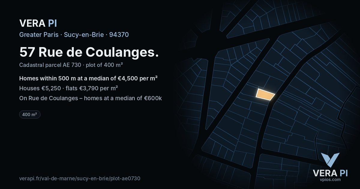 57 Rue de Coulanges, Sucy-en-Brie at night – the plot lit, the parcels around coloured by the prices near them