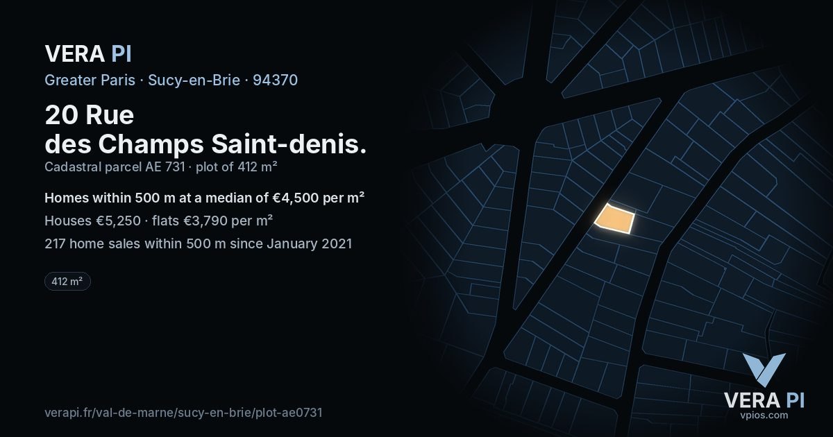 20 Rue des Champs Saint-denis, Sucy-en-Brie at night – the plot lit, the parcels around coloured by the prices near them