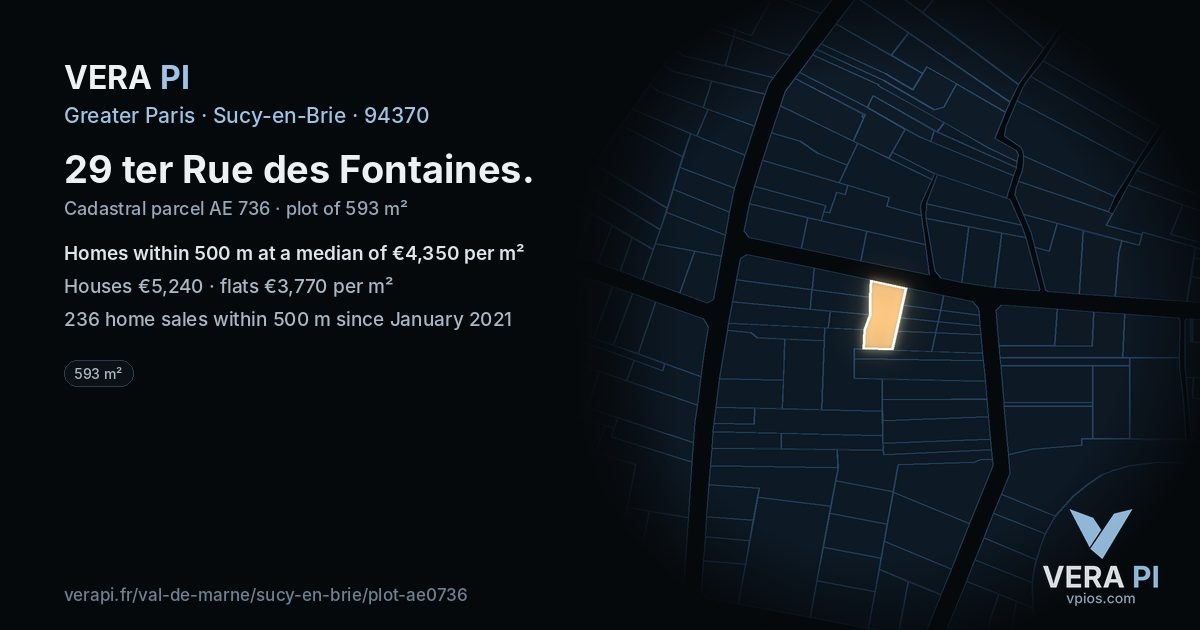 29 ter Rue des Fontaines, Sucy-en-Brie at night – the plot lit, the parcels around coloured by the prices near them