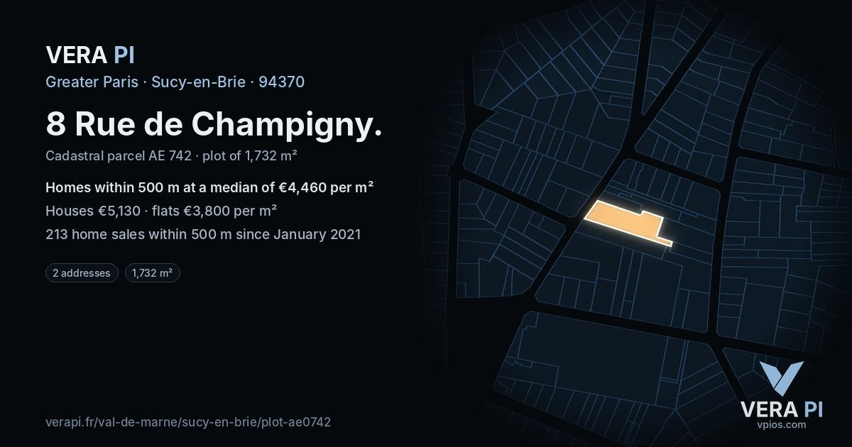 8 Rue de Champigny, Sucy-en-Brie at night – the plot lit, the parcels around coloured by the prices near them