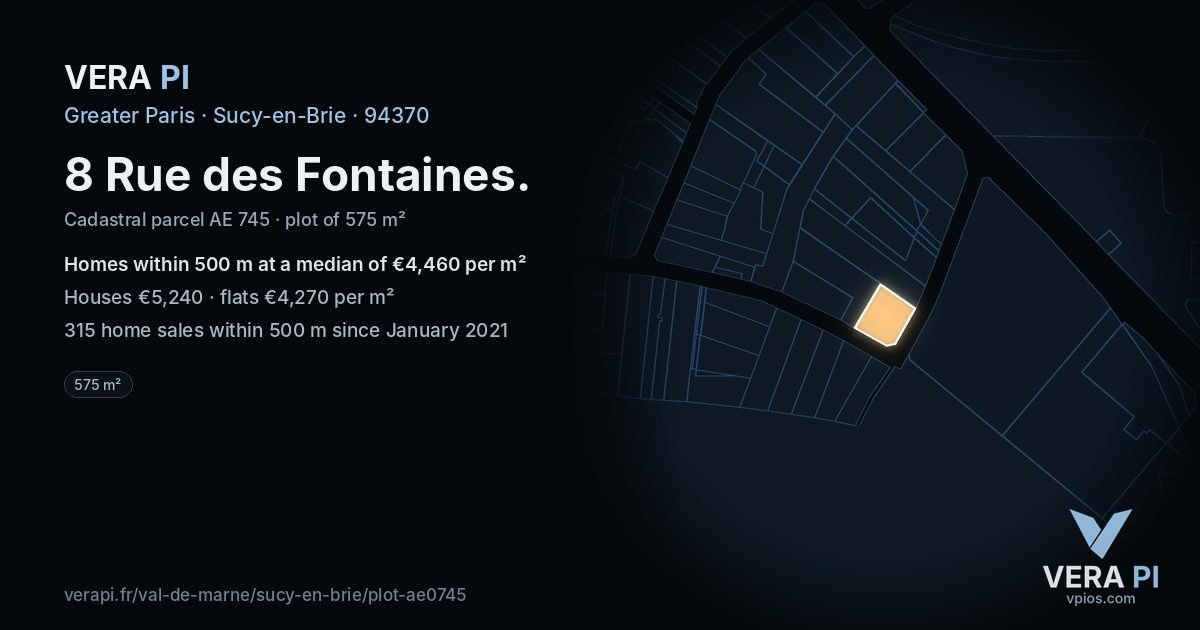 8 Rue des Fontaines, Sucy-en-Brie at night – the plot lit, the parcels around coloured by the prices near them