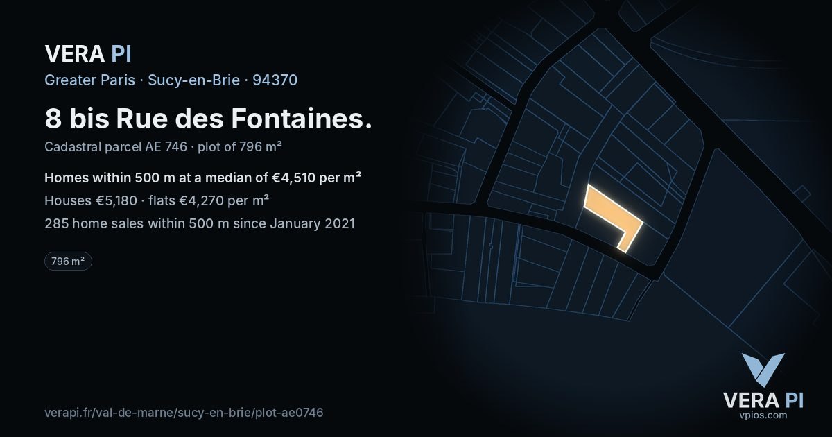 8 bis Rue des Fontaines, Sucy-en-Brie at night – the plot lit, the parcels around coloured by the prices near them