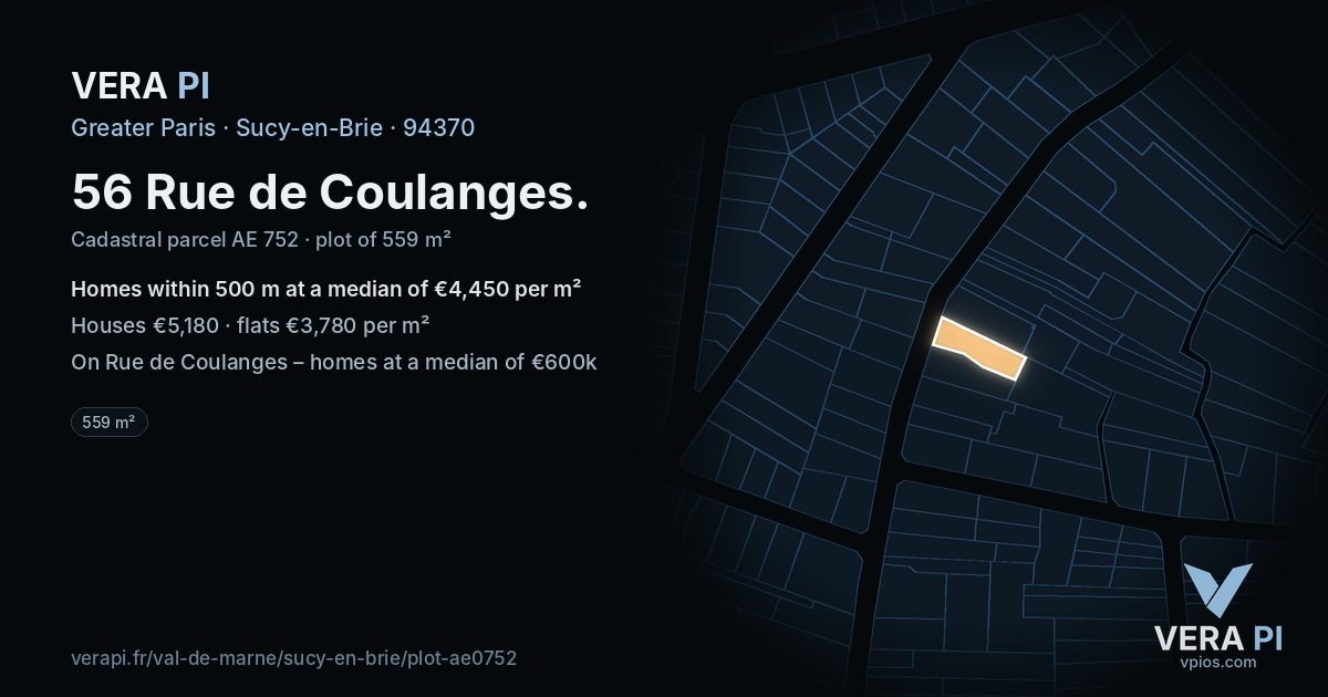 56 Rue de Coulanges, Sucy-en-Brie at night – the plot lit, the parcels around coloured by the prices near them