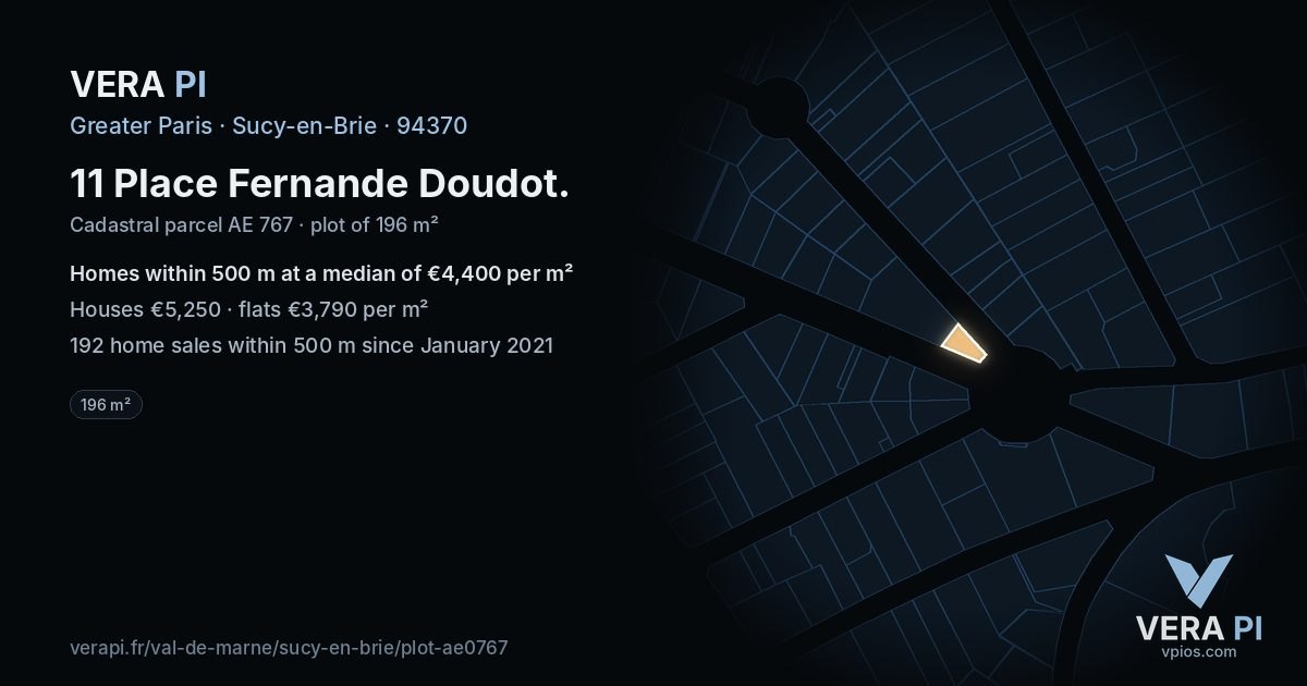 11 Place Fernande Doudot, Sucy-en-Brie at night – the plot lit, the parcels around coloured by the prices near them