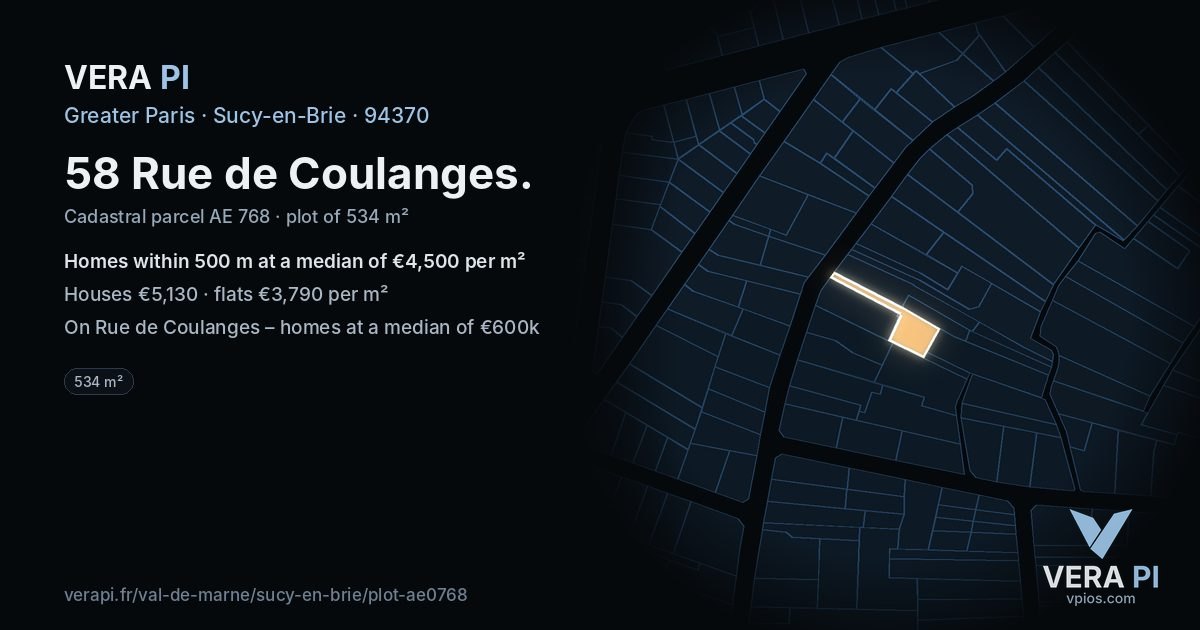 58 Rue de Coulanges, Sucy-en-Brie at night – the plot lit, the parcels around coloured by the prices near them