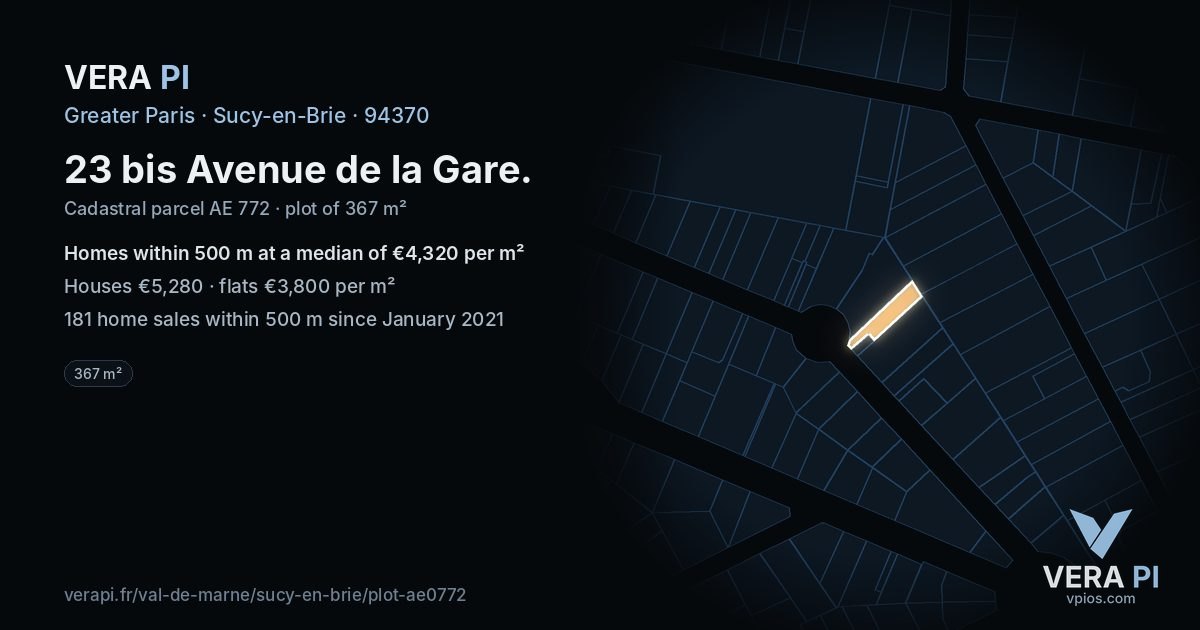 23 bis Avenue de la Gare, Sucy-en-Brie at night – the plot lit, the parcels around coloured by the prices near them