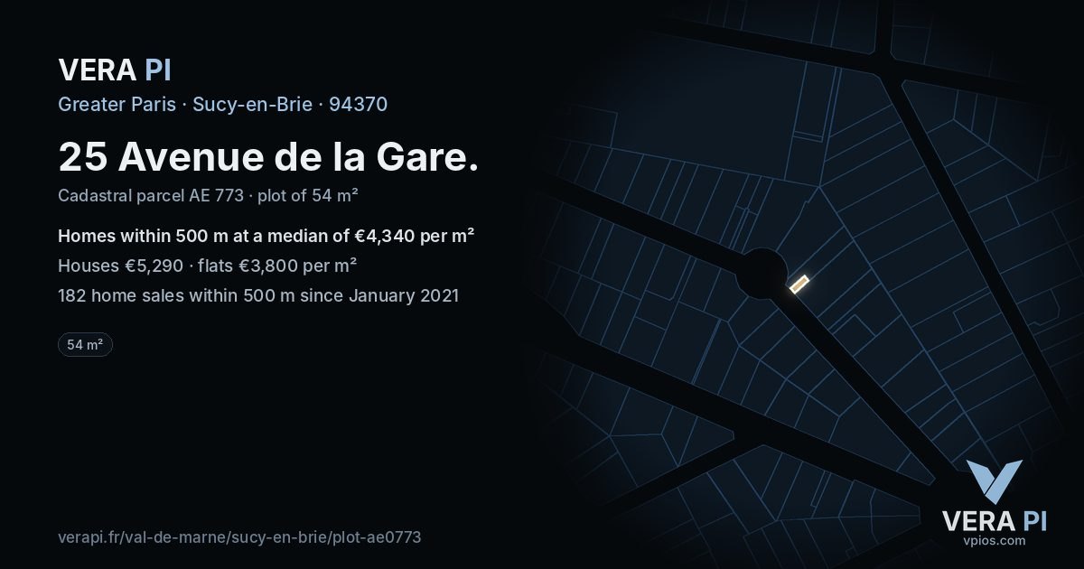 25 Avenue de la Gare, Sucy-en-Brie at night – the plot lit, the parcels around coloured by the prices near them