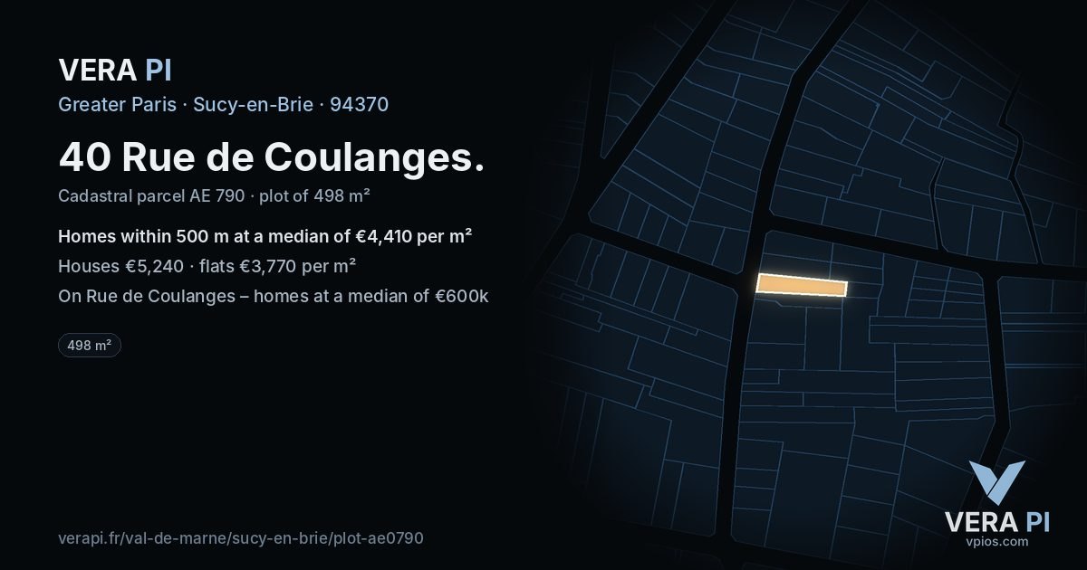 40 Rue de Coulanges, Sucy-en-Brie at night – the plot lit, the parcels around coloured by the prices near them