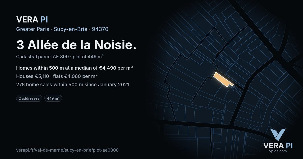 3 Allée de la Noisie, Sucy-en-Brie at night – the plot lit, the parcels around coloured by the prices near them