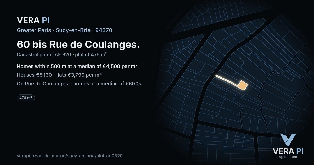 60 bis Rue de Coulanges, Sucy-en-Brie at night – the plot lit, the parcels around coloured by the prices near them
