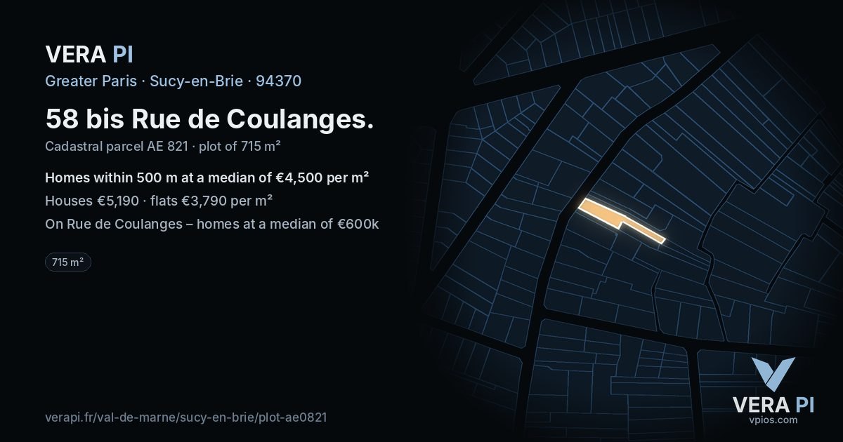 58 bis Rue de Coulanges, Sucy-en-Brie at night – the plot lit, the parcels around coloured by the prices near them
