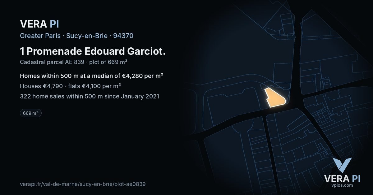 1 Promenade Edouard Garciot, Sucy-en-Brie at night – the plot lit, the parcels around coloured by the prices near them