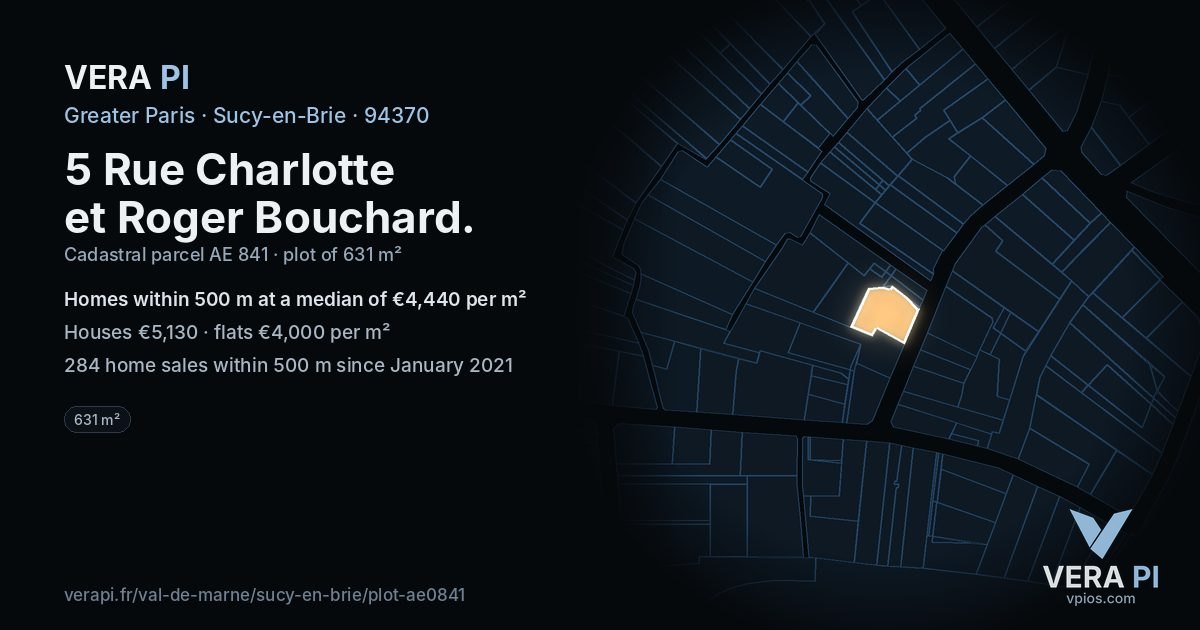 5 Rue Charlotte et Roger Bouchard, Sucy-en-Brie at night – the plot lit, the parcels around coloured by the prices near them