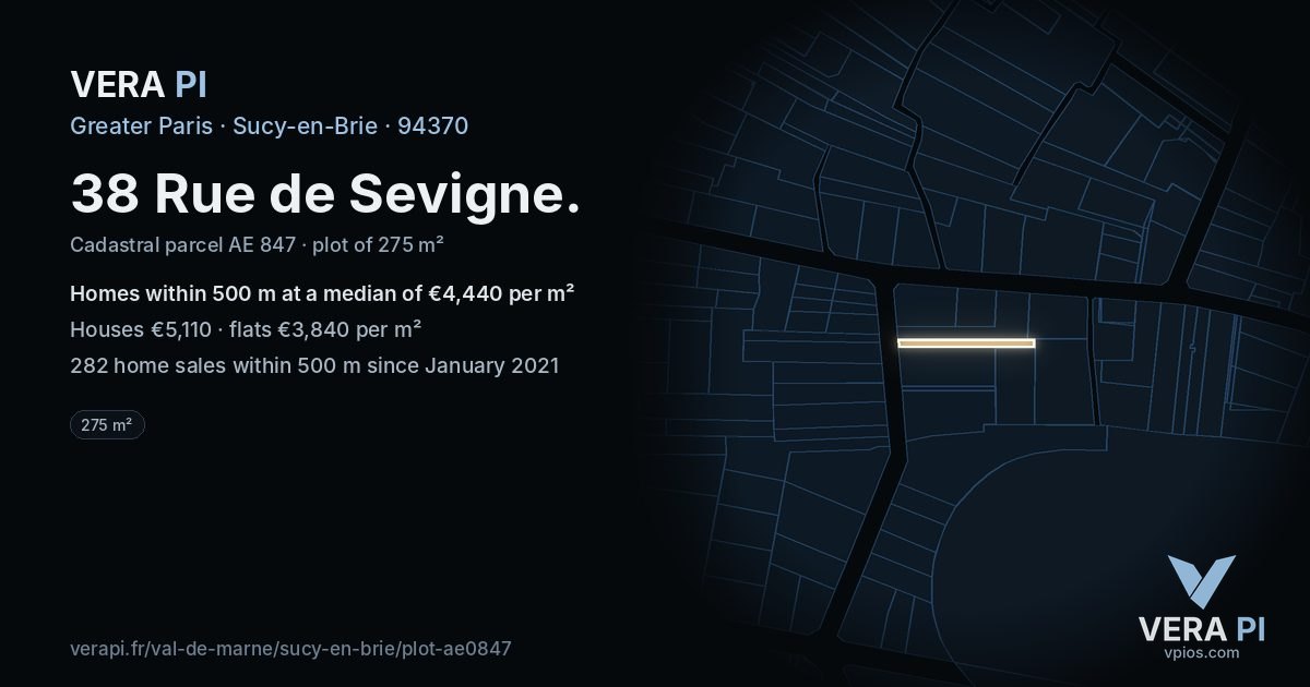38 Rue de Sevigne, Sucy-en-Brie at night – the plot lit, the parcels around coloured by the prices near them