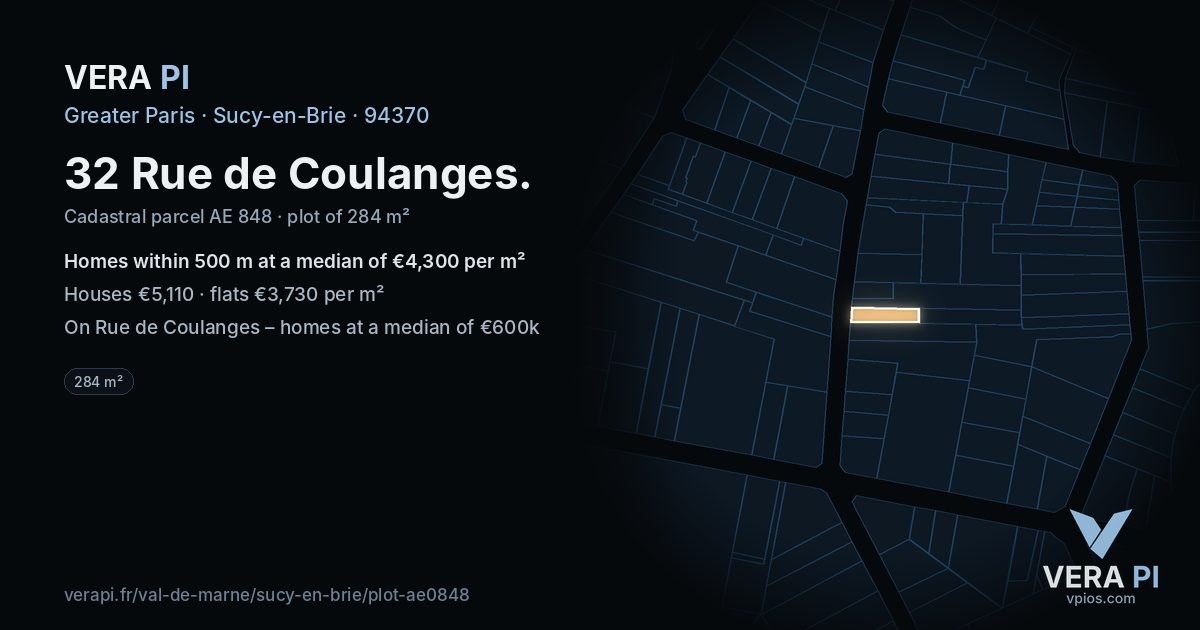 32 Rue de Coulanges, Sucy-en-Brie at night – the plot lit, the parcels around coloured by the prices near them