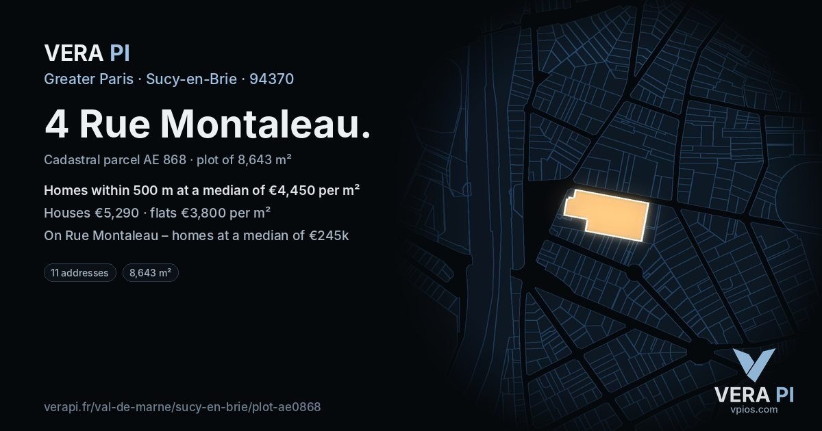 4 Rue Montaleau, Sucy-en-Brie at night – the plot lit, the parcels around coloured by the prices near them