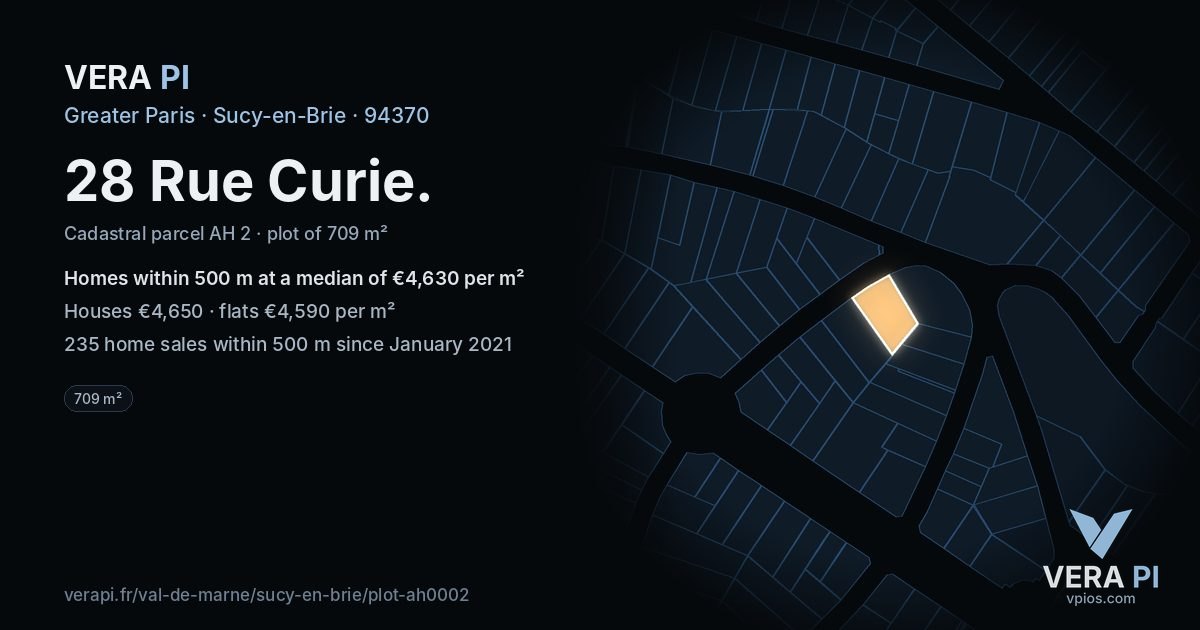 28 Rue Curie, Sucy-en-Brie at night – the plot lit, the parcels around coloured by the prices near them