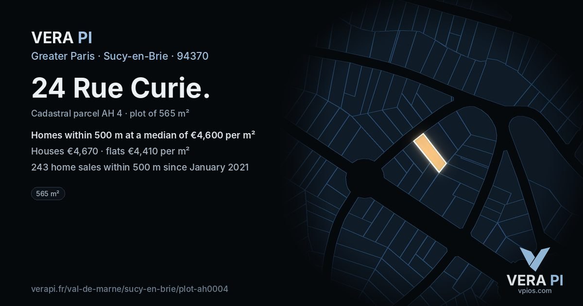 24 Rue Curie, Sucy-en-Brie at night – the plot lit, the parcels around coloured by the prices near them