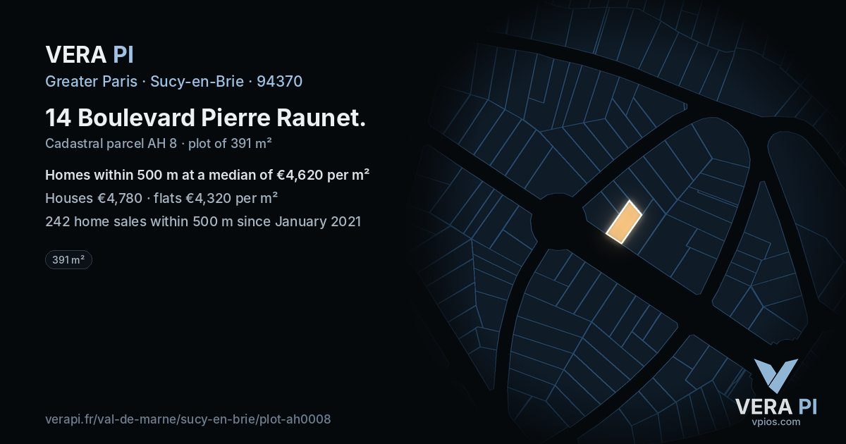 14 Boulevard Pierre Raunet, Sucy-en-Brie at night – the plot lit, the parcels around coloured by the prices near them