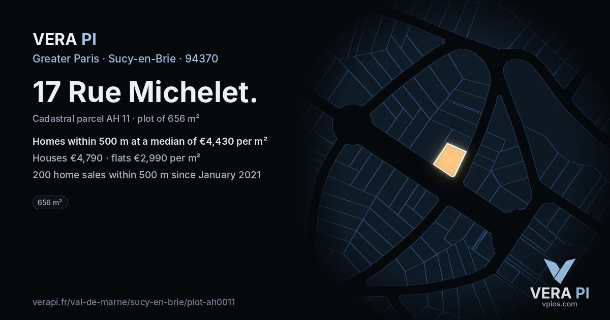 17 Rue Michelet, Sucy-en-Brie at night – the plot lit, the parcels around coloured by the prices near them