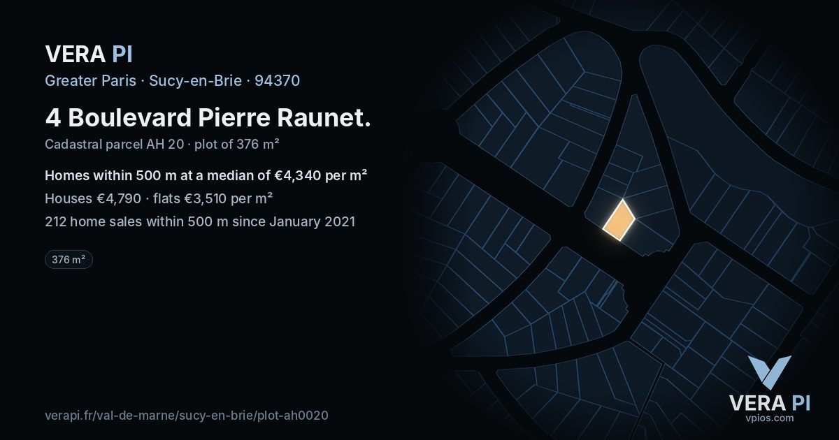 4 Boulevard Pierre Raunet, Sucy-en-Brie at night – the plot lit, the parcels around coloured by the prices near them