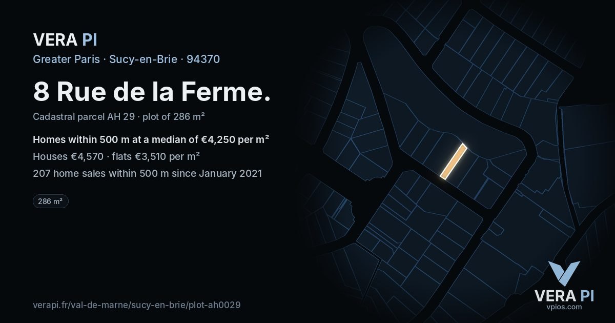 8 Rue de la Ferme, Sucy-en-Brie at night – the plot lit, the parcels around coloured by the prices near them