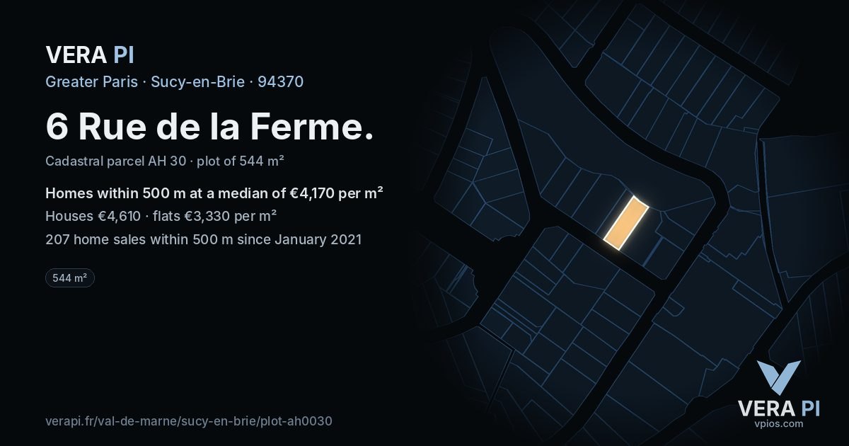 6 Rue de la Ferme, Sucy-en-Brie at night – the plot lit, the parcels around coloured by the prices near them