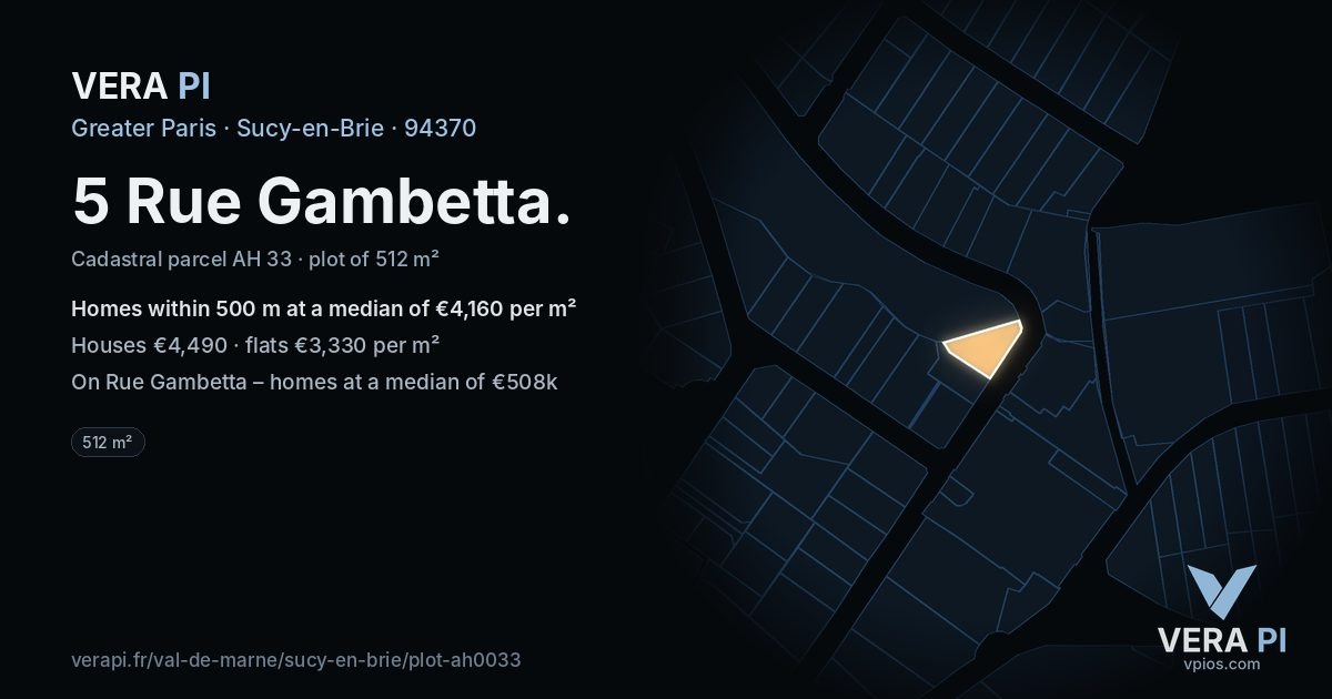5 Rue Gambetta, Sucy-en-Brie at night – the plot lit, the parcels around coloured by the prices near them